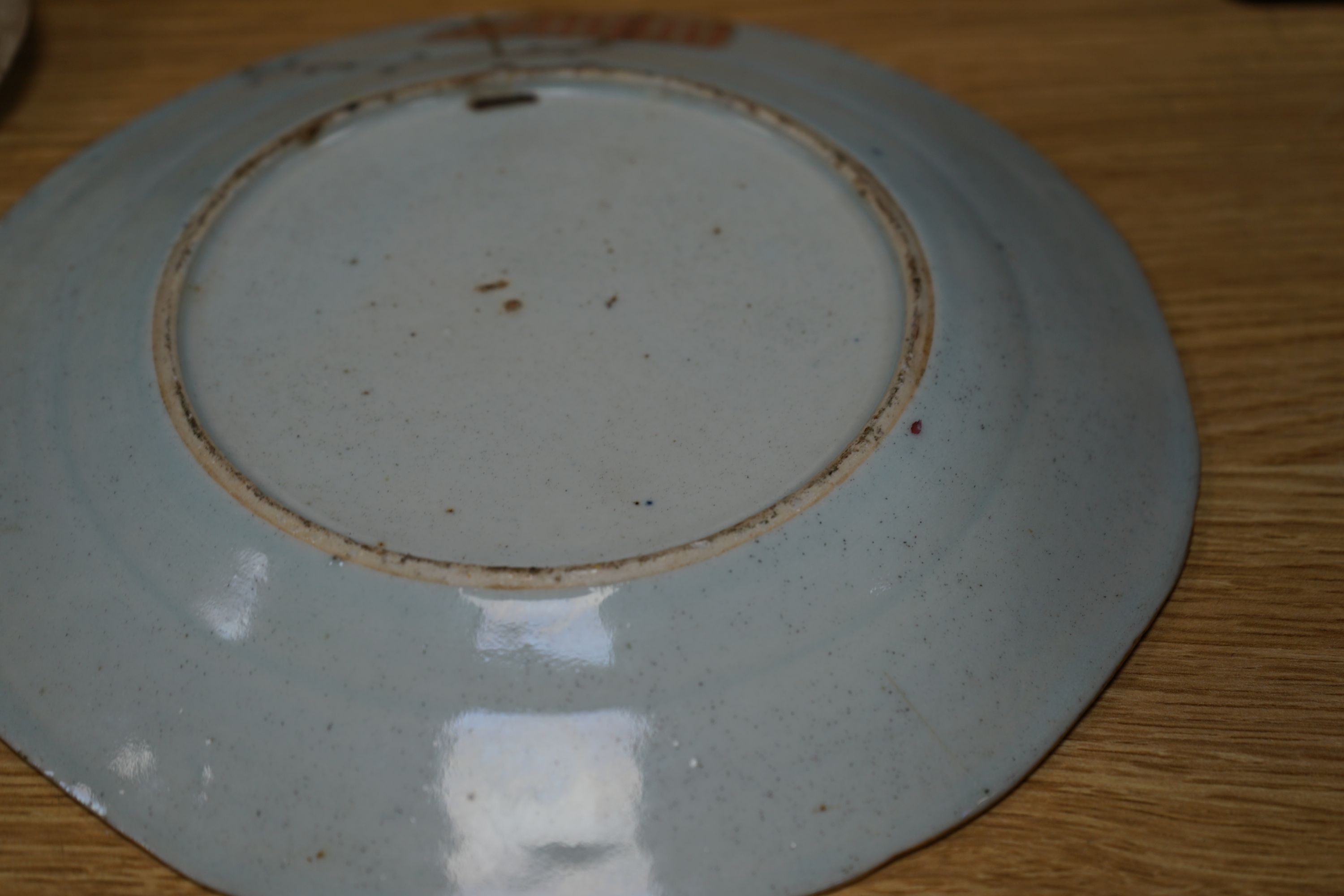 A Japanese blue and white dish, a Chinese blue and white meiping and a clobbered plate 33cm